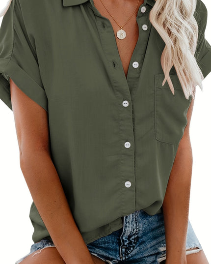 [Casual Shirt] Casual Summer Women's Short Sleeve V-Neck Button-Up Shirt with Pockets - Light Gray | Vacation Clothing, Glossy Texture