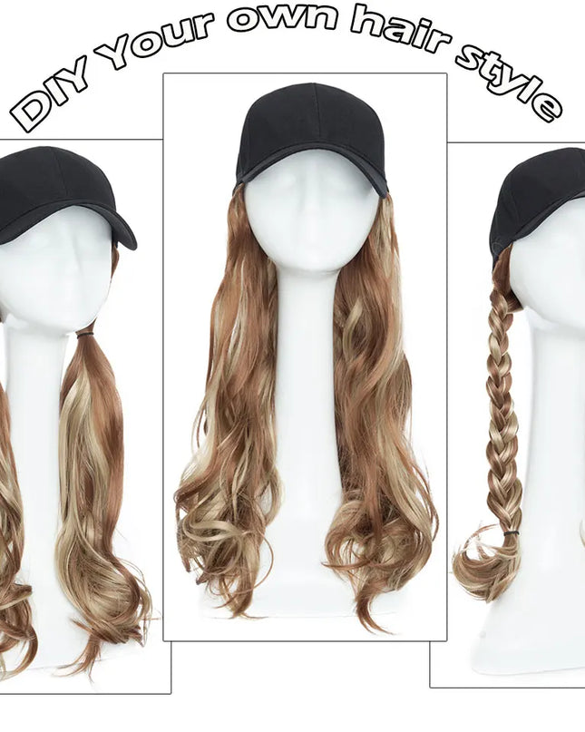 Snoilite synthetic long wavy baseball cap with hair extension hair integrate cap hat for women girl daily hair style wig