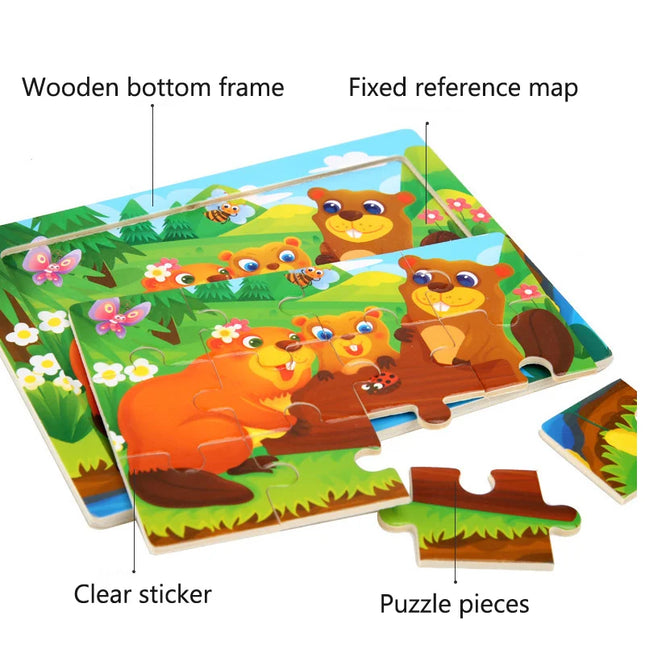 Montessori Wooden Toys for Children Cartoon Animal Jigsaw 3D Puzzle Board Game Educational Toys For Children Gifts