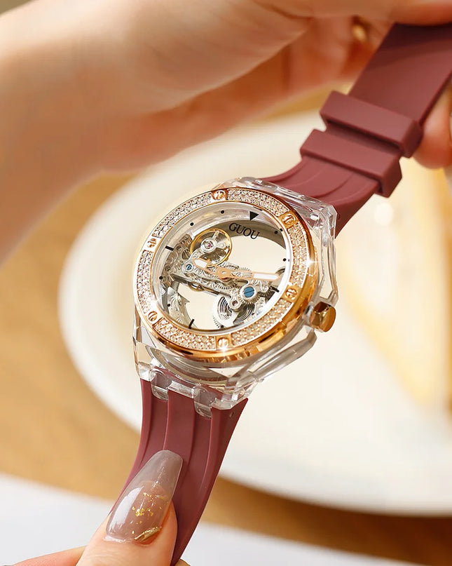 High Quality GUOU 8221 Women's Watch Fashionable Sports Waterproof Mechanical Watch with Rhinestone Silicone Strap