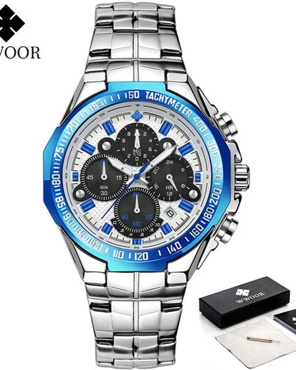 Sports Watches For Men Fashion Quartz Men Big Clock WWOOR Top Brand Luxury Military Full Steel Waterproof Chronograph Wristwatch