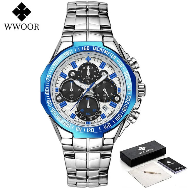 Sports Watches For Men Fashion Quartz Men Big Clock WWOOR Top Brand Luxury Military Full Steel Waterproof Chronograph Wristwatch