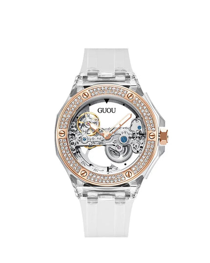 High Quality GUOU 8221 Women's Watch Fashionable Sports Waterproof Mechanical Watch with Rhinestone Silicone Strap