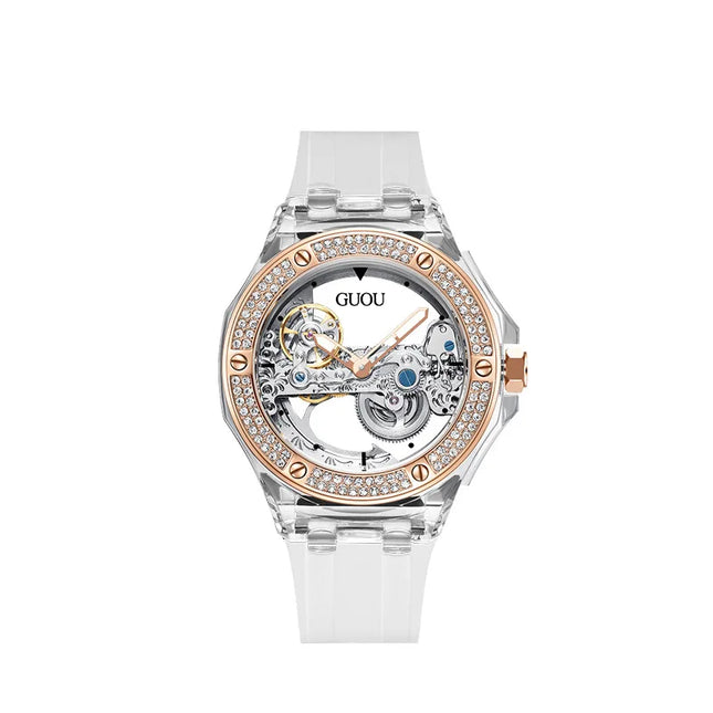 High Quality GUOU 8221 Women's Watch Fashionable Sports Waterproof Mechanical Watch with Rhinestone Silicone Strap