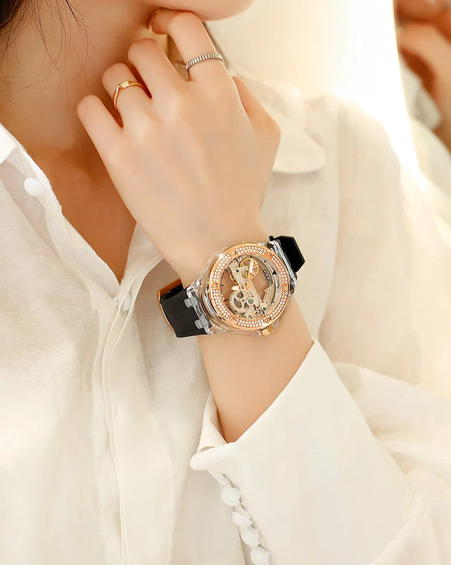 High Quality GUOU 8221 Women's Watch Fashionable Sports Waterproof Mechanical Watch with Rhinestone Silicone Strap