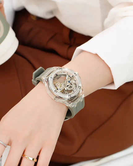 High Quality GUOU 8221 Women's Watch Fashionable Sports Waterproof Mechanical Watch with Rhinestone Silicone Strap