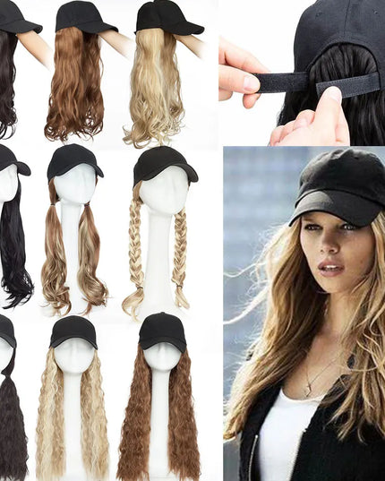 Snoilite synthetic long wavy baseball cap with hair extension hair integrate cap hat for women girl daily hair style wig