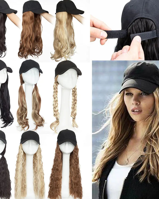 Snoilite synthetic long wavy baseball cap with hair extension hair integrate cap hat for women girl daily hair style wig