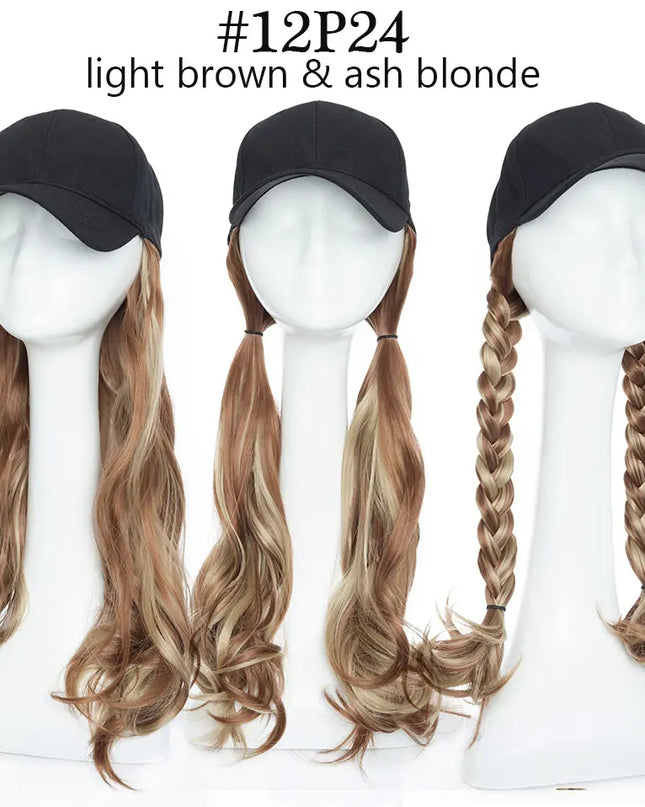 Snoilite synthetic long wavy baseball cap with hair extension hair integrate cap hat for women girl daily hair style wig