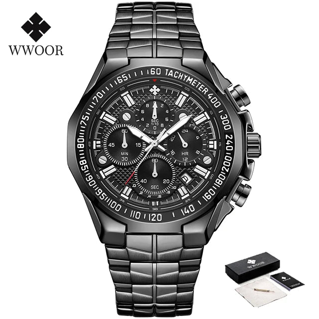 Sports Watches For Men Fashion Quartz Men Big Clock WWOOR Top Brand Luxury Military Full Steel Waterproof Chronograph Wristwatch