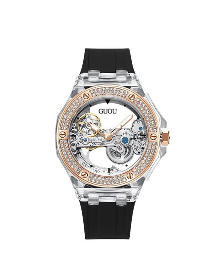 High Quality GUOU 8221 Women's Watch Fashionable Sports Waterproof Mechanical Watch with Rhinestone Silicone Strap