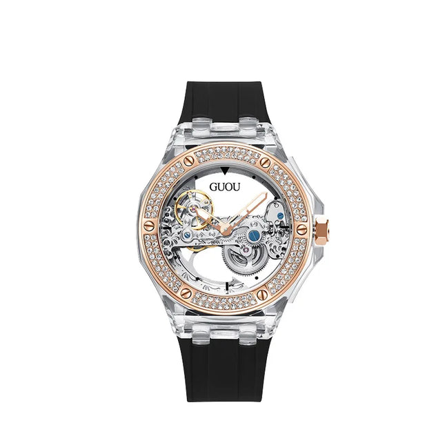 High Quality GUOU 8221 Women's Watch Fashionable Sports Waterproof Mechanical Watch with Rhinestone Silicone Strap