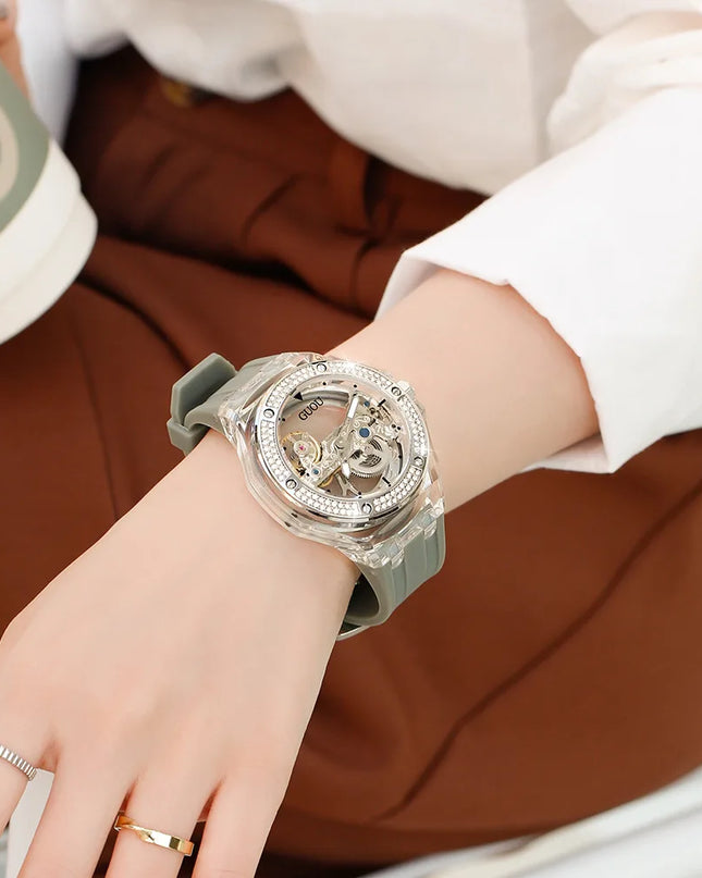 High Quality GUOU 8221 Women's Watch Fashionable Sports Waterproof Mechanical Watch with Rhinestone Silicone Strap