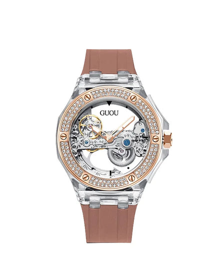 High Quality GUOU 8221 Women's Watch Fashionable Sports Waterproof Mechanical Watch with Rhinestone Silicone Strap
