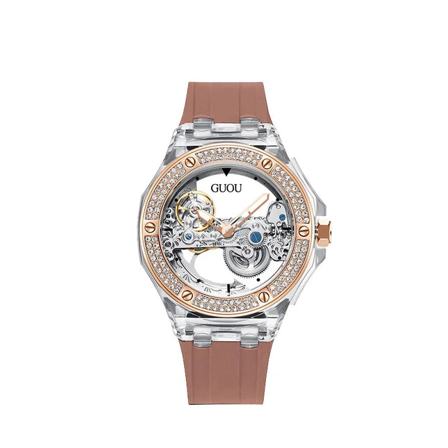 High Quality GUOU 8221 Women's Watch Fashionable Sports Waterproof Mechanical Watch with Rhinestone Silicone Strap
