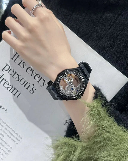 High Quality GUOU 8221 Women's Watch Fashionable Sports Waterproof Mechanical Watch with Rhinestone Silicone Strap