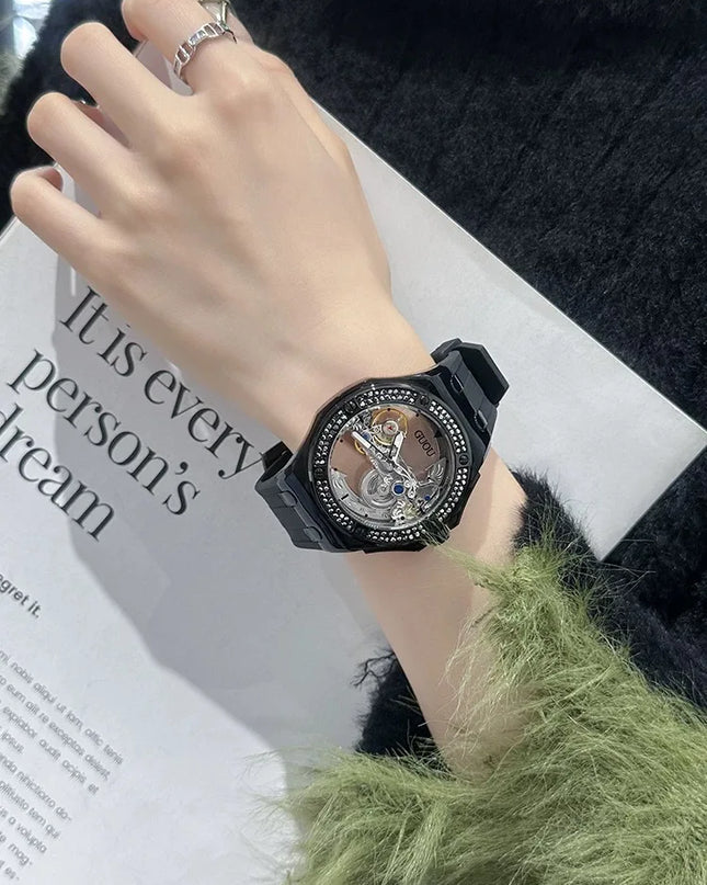 High Quality GUOU 8221 Women's Watch Fashionable Sports Waterproof Mechanical Watch with Rhinestone Silicone Strap