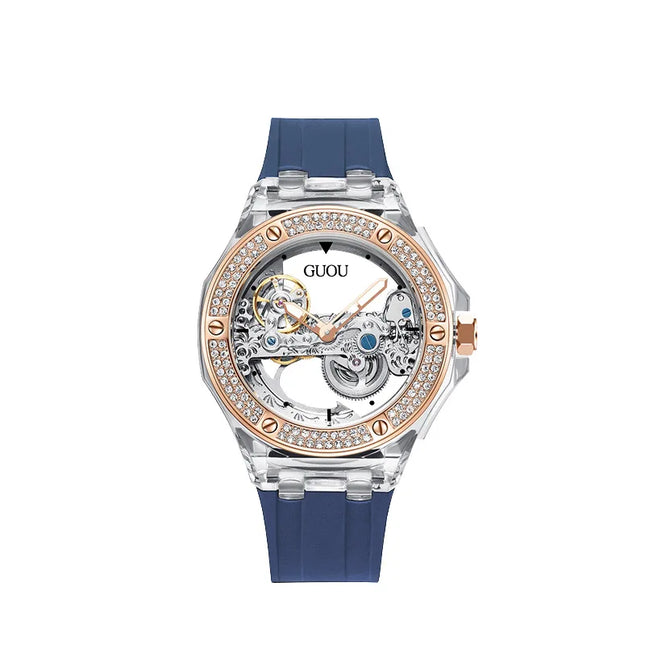 High Quality GUOU 8221 Women's Watch Fashionable Sports Waterproof Mechanical Watch with Rhinestone Silicone Strap