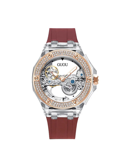 High Quality GUOU 8221 Women's Watch Fashionable Sports Waterproof Mechanical Watch with Rhinestone Silicone Strap