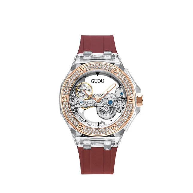 High Quality GUOU 8221 Women's Watch Fashionable Sports Waterproof Mechanical Watch with Rhinestone Silicone Strap