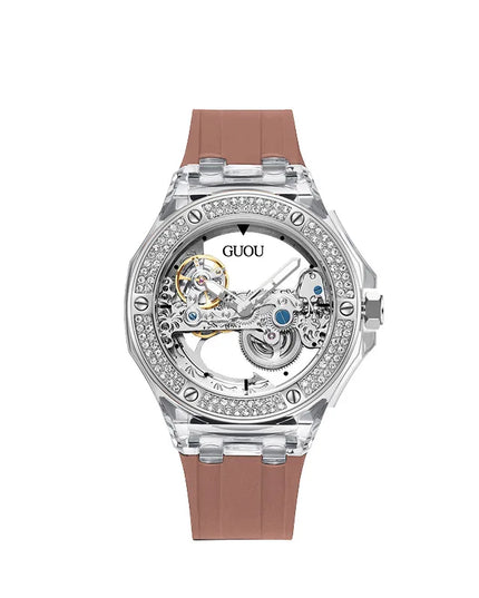 High Quality GUOU 8221 Women's Watch Fashionable Sports Waterproof Mechanical Watch with Rhinestone Silicone Strap