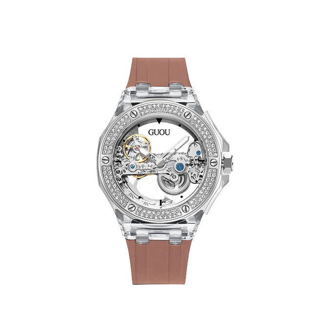 High Quality GUOU 8221 Women's Watch Fashionable Sports Waterproof Mechanical Watch with Rhinestone Silicone Strap