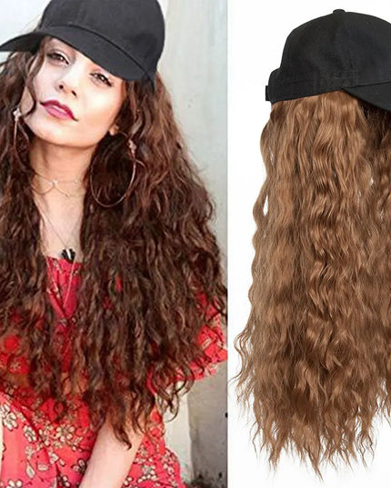 Snoilite synthetic long wavy baseball cap with hair extension hair integrate cap hat for women girl daily hair style wig