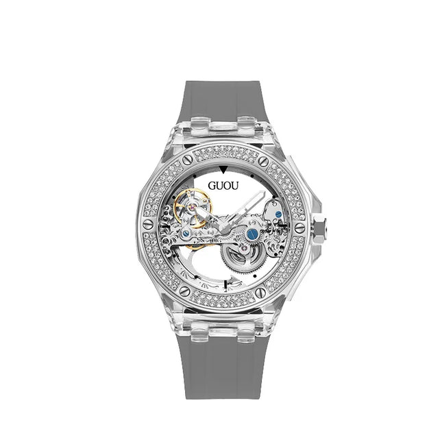 High Quality GUOU 8221 Women's Watch Fashionable Sports Waterproof Mechanical Watch with Rhinestone Silicone Strap