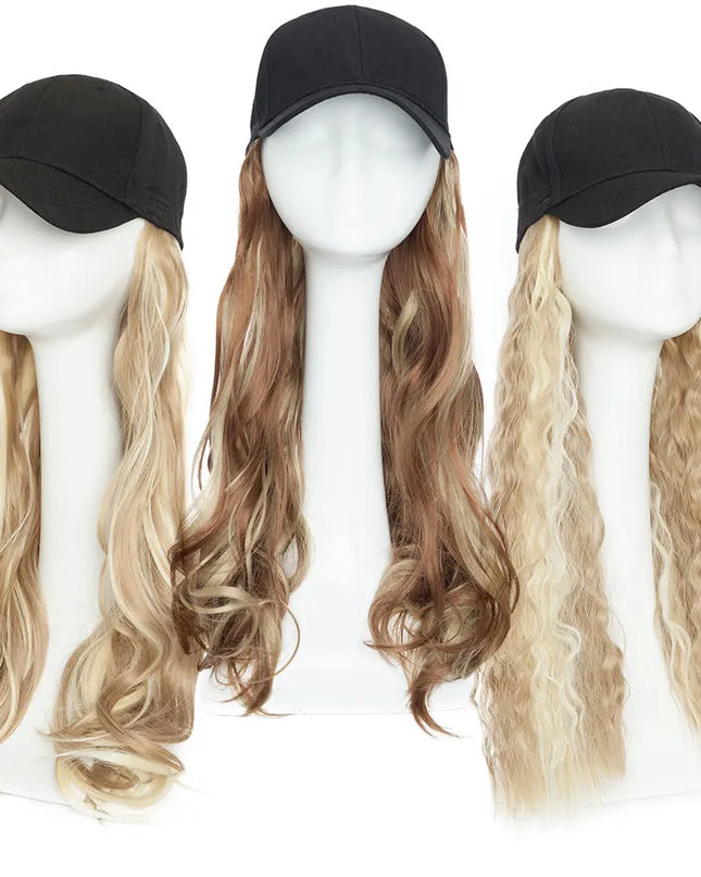 Snoilite synthetic long wavy baseball cap with hair extension hair integrate cap hat for women girl daily hair style wig