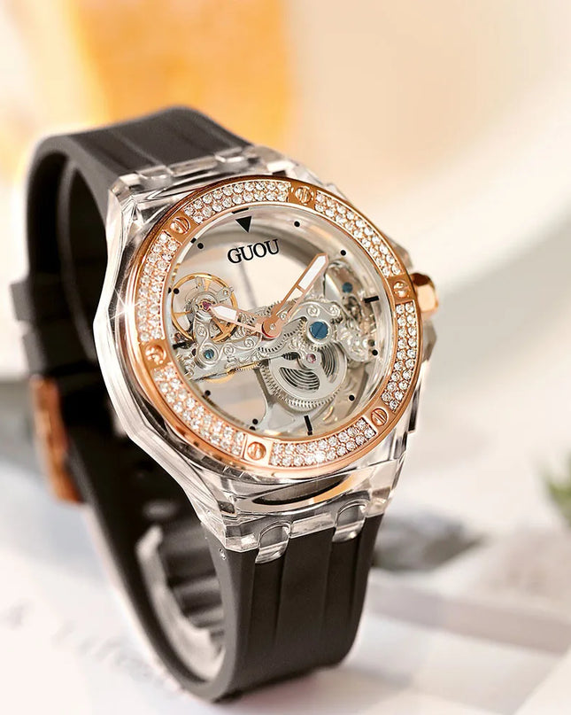 High Quality GUOU 8221 Women's Watch Fashionable Sports Waterproof Mechanical Watch with Rhinestone Silicone Strap