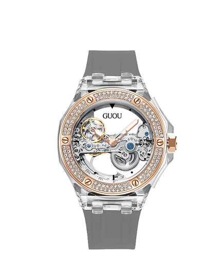 High Quality GUOU 8221 Women's Watch Fashionable Sports Waterproof Mechanical Watch with Rhinestone Silicone Strap