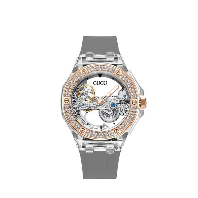 High Quality GUOU 8221 Women's Watch Fashionable Sports Waterproof Mechanical Watch with Rhinestone Silicone Strap
