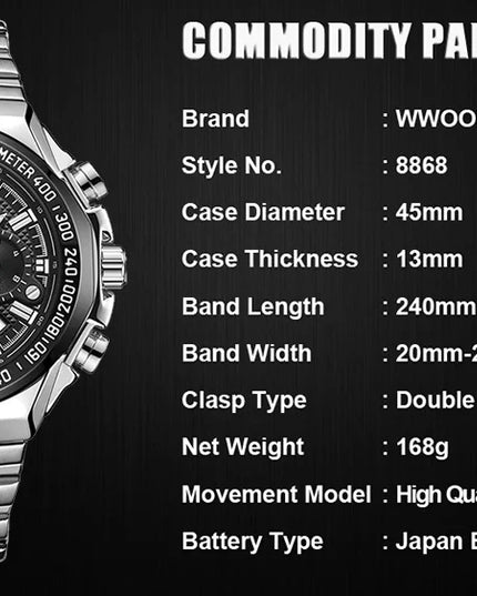Sports Watches For Men Fashion Quartz Men Big Clock WWOOR Top Brand Luxury Military Full Steel Waterproof Chronograph Wristwatch