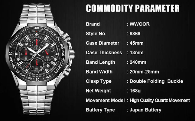 Sports Watches For Men Fashion Quartz Men Big Clock WWOOR Top Brand Luxury Military Full Steel Waterproof Chronograph Wristwatch
