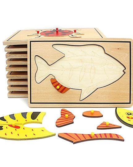 Children Educational Toys Montessori Materials Biology Wooden Skeleton Puzzle Frog Horse Tortiose Fish Bird Animal Toys for Boy
