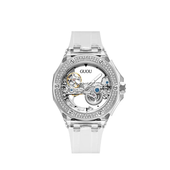 High Quality GUOU 8221 Women's Watch Fashionable Sports Waterproof Mechanical Watch with Rhinestone Silicone Strap