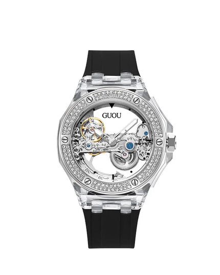 High Quality GUOU 8221 Women's Watch Fashionable Sports Waterproof Mechanical Watch with Rhinestone Silicone Strap