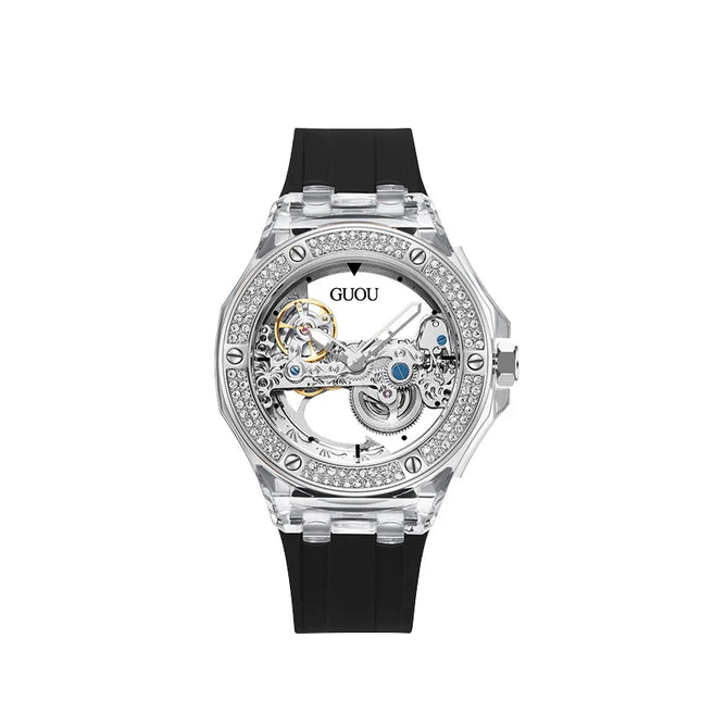 High Quality GUOU 8221 Women's Watch Fashionable Sports Waterproof Mechanical Watch with Rhinestone Silicone Strap