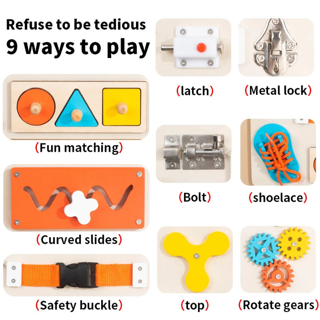 Montessori Wooden Busy Board Unlock Toy Essential Educational Sensory Board for Toddlers Intelligence Development Toys Gift