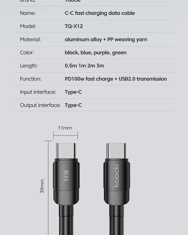 Toocki 100W Type C to USB C Cable PD 3.0 Quick Charge 4.0 Fast Charging Type C to Type C for iPhone 15 Macbook Samsung Xiaomi