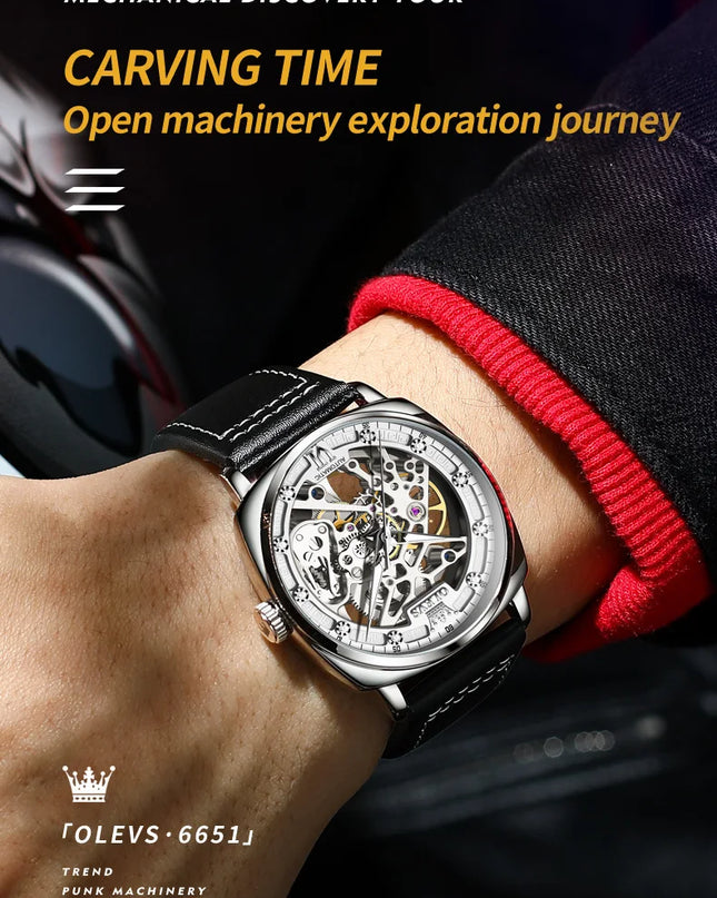 OLEVS 6651 Top Brand Men Watches Fashion Dress Automatic Mechanical Wristwatch Wateproof Luminous Hollow Flywheel Watch for man