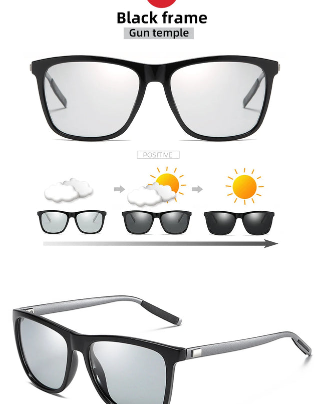 Classic Fishing Sunglasses Men Polarized Metal Square Frame UV400 Photochromic Goggles Women Driving Discoloration Eyewear