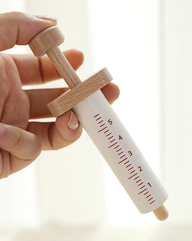 Children playing house simulation, doctors, nurses, stethoscopes, medical kits, syringes, toy sets, wooden boys and girls