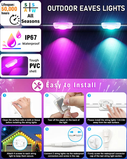 LED Permanent Outdoor Lights IP65 Waterproof RGBIC Eave Lights With Remote for Christmas New Year Roof DIY Holiday String Light