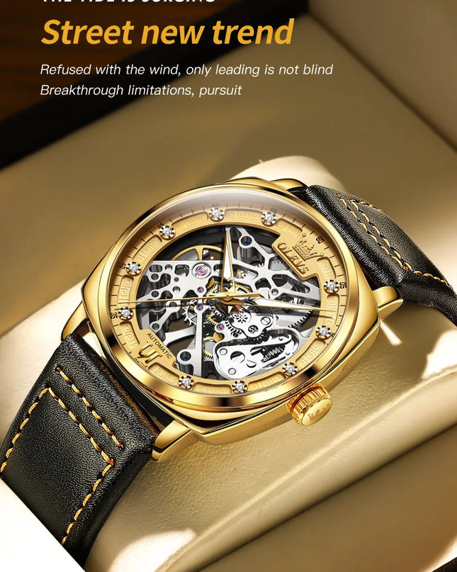 OLEVS 6651 Top Brand Men Watches Fashion Dress Automatic Mechanical Wristwatch Wateproof Luminous Hollow Flywheel Watch for man