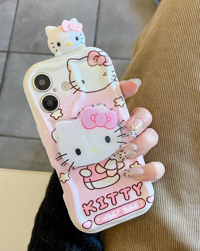 Pink Kitty Head Toy Grip Tok Holder Cartoon Wave Soft Phone Case For iPhone 16 Plus 15 14 Pro Max 13 Mini 12 11 X XS XR 7 8 SE