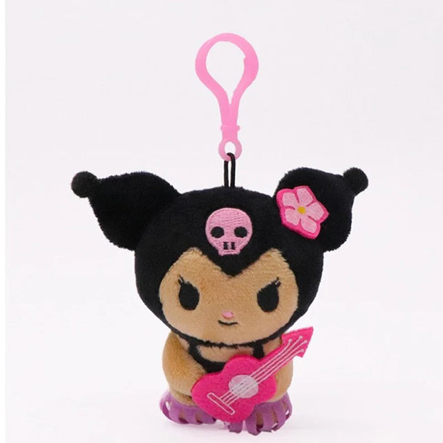 Hot Anime Hello Kitty Kuromi Dolls Filled Keychain Dark Skin Hawaiian Series Cartoon Accessory Toys Bag Pendant Charms