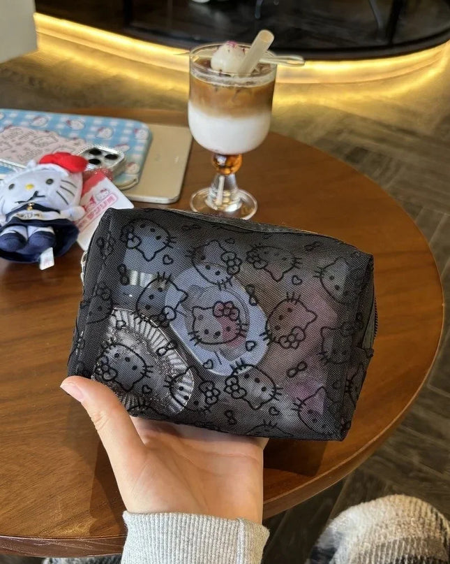 New Hello Kitty Mesh Material Cosmetics Storage Bag Creative High-Capacity Portable Zipper Handbag Cute Girls' Supplie