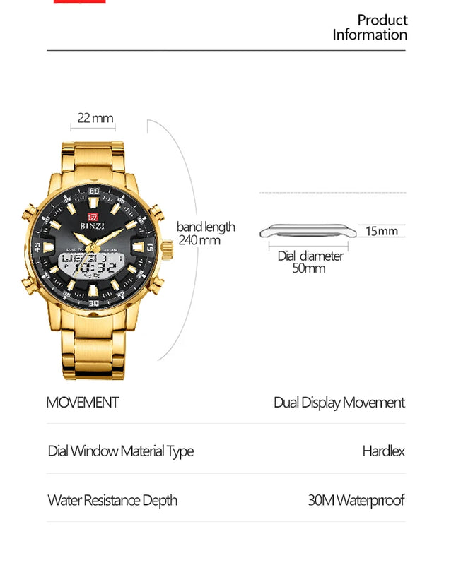 Men Watches 2025 Top Brand Luxury relogio masculino Gold Stainless Steel Band Wrist Watch For Male Clock Men Dual Display watch