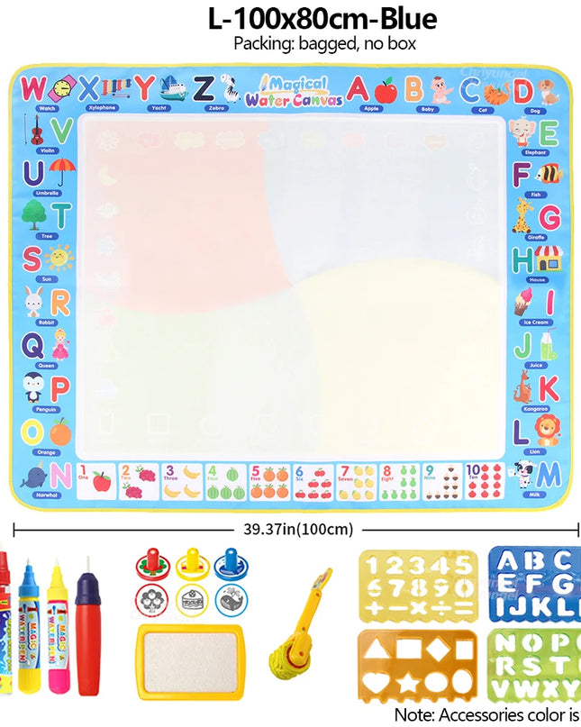 No Mess Magic Water Drawing Mat Doodle Board Reusable Educational Toy with Pens & Stamps, Gift for Toddler Boys Girls